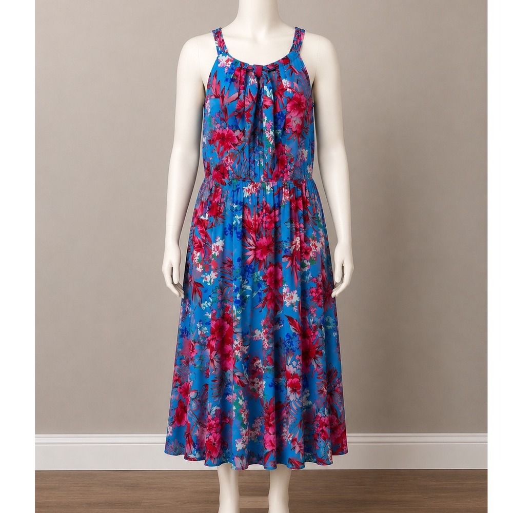 Nine West Blue Floral Pleated Halter Midi Dress Sleeveless‎ Tie Back Size 12